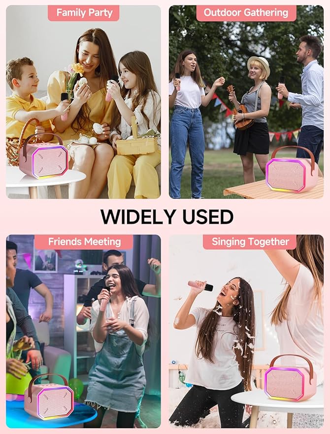 Karaoke Machine for Kids and Adults, Mini Portable Bluetooth Speaker with 2 Wireless Microphones, Kids Gift for Girls Boys Family Party Birthday (Pinkcolor)