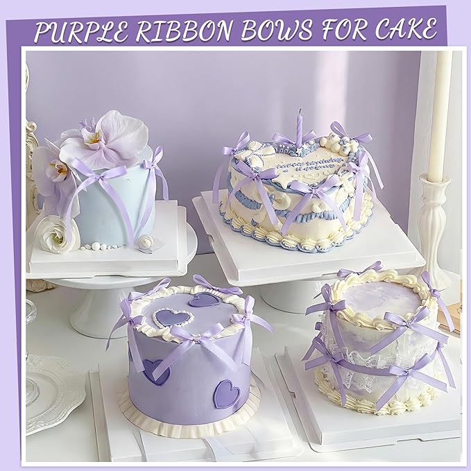 30 Pack Bow Cake Toppers Purple Ribbons Bows for Cake Bow Cupcake Toppers Purple Bow Birthday Decorations for Baby Shower Birthday Wedding Party Supplies