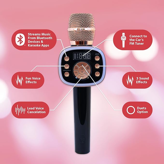 Carpool Karaoke Machine for Kids & Adults, Carpool Karaoke The Mic 2.0 - Wireless & Bluetooth Karaoke Microphone with Voice Changing Sound Effects as White Elephant Gift - Rose Gold