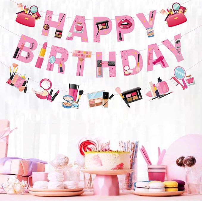Zwiebeco Makeup Happy Birthday Banner Sign Spa Party Hanging Paper Decorations for Girls Women Glamour Cosmetics Theme Accessories Supplies