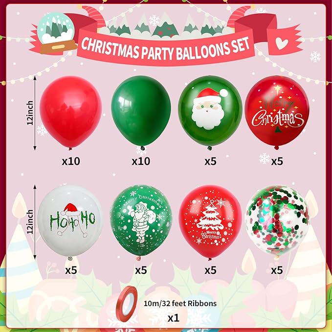 Merry Christmas Printed balloons, Red Green Confetti Balloon Set, 12 Inch Red Green White Latex Balloons Santa Claus Christmas Tree Printed Balloon Helium for Xmas Birthday New Year's Party Decoration
