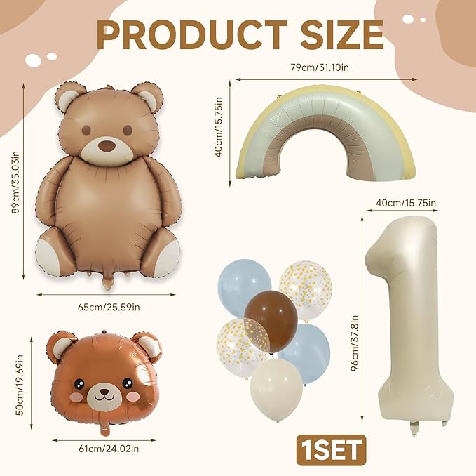 11 Pcs Bear BalloonsTeddy Bear Balloon Kit - Brown Foil & Latex Matte Anti-Reflective, Bear Baby Shower Beary First Birthday Party Decor, 12-40 Inch Large Bear Head Number 1 Rainbow Balloons