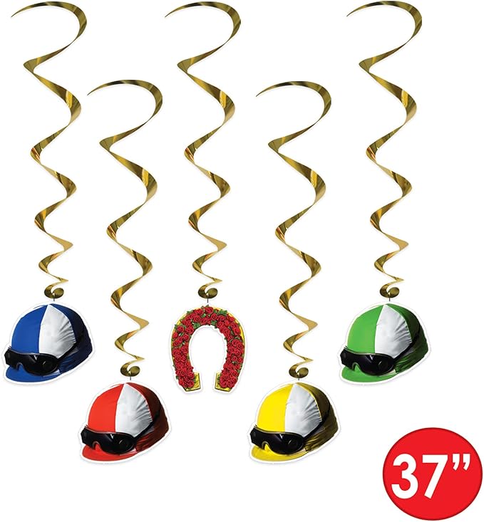 Beistle 10 Piece Derby Day Jockey Helmet Whirls Hanging Spirals for Horse Racing Party Decorations, 37", Multicolor