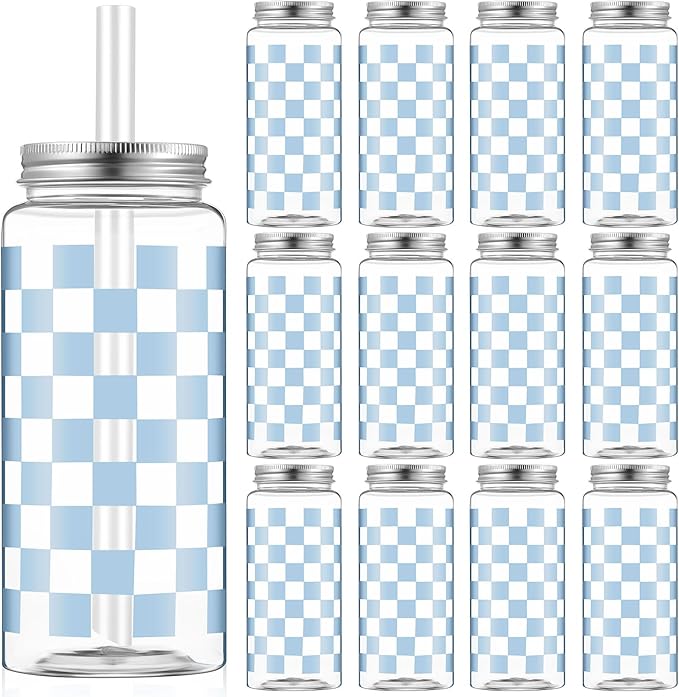 Patelai 12 Pack Light Blue Gingham Cups 13.5 oz Clear Blue Checkered Plastic Cups with Lid and Straw Reusable Plastic Plaid Tumbler for Baby Shower Wedding Birthday Bachelor Party Supplies