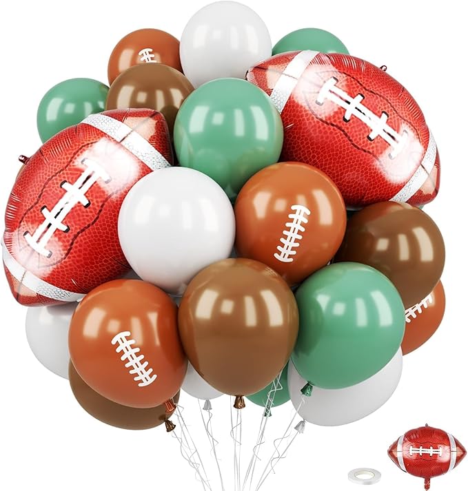 Football Balloons, 12 Inch Sage Green White Brown Football Printed with Football Foil Balloon For Boys Game Sports Birthday Party Football Themed Decorations