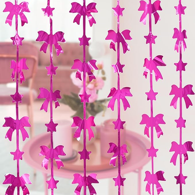 Bow Party Decorations, 2 Pack Hot Pink Birthday Party Supplies, 3.3 X 6.6 ft Foil Fringe Curtains, Pink Bow Photo Booth Props Photo Backdrop for Birthday, Bachelorette, Girls Party Decor