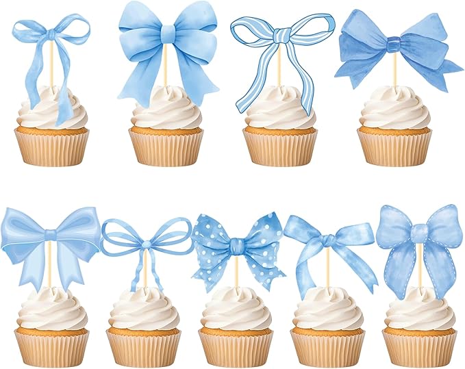 Blue Bow Cupcake Toppers Decor - Deorfuy 40PCS Blue Bow Themed Cupcake Picks Birthday Party Decorations Coquete Bday Supplies for Baby Shower
