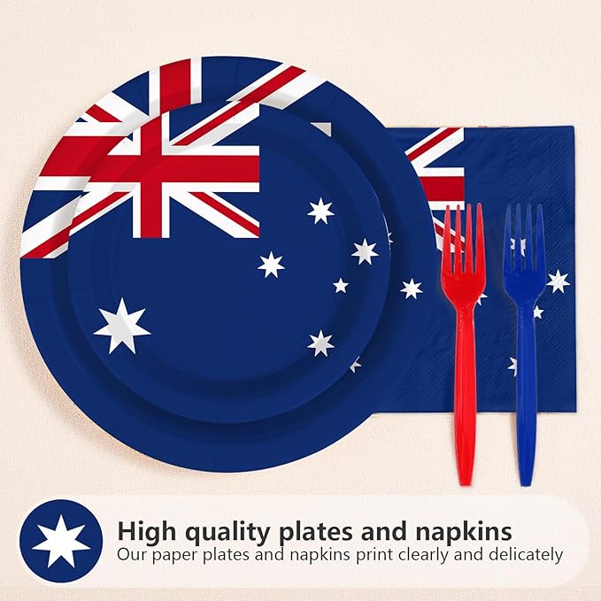 96Pcs Australian Flag Party Supplies Australia Birthday Plates and Napkins Australian National Flags Tableware Set for School Sports Events Patriotic Festival Birthday Party Decor，Serves 24