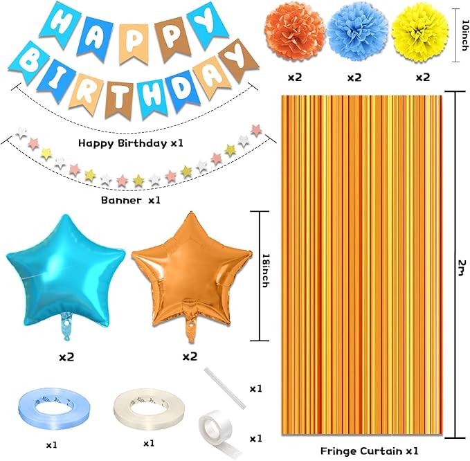 Blue and Orange Birthday Supplies,Boy Birthday Decorations,Blue Navy Brown Tan Orange Banner, Fringe Curtain,Tissue Paper Pompoms,Dog Balloons,Pom Poms Backdrop