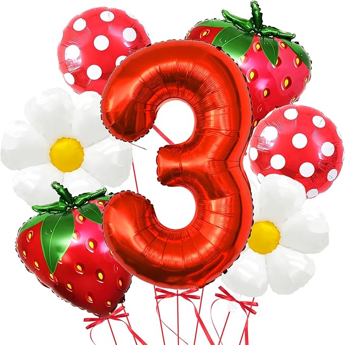 Strawberry Balloons Third Birthday Decorations for Girl, 40 Inch Mylar Red Number 3 Balloons, Strawberry Balloon for Strawberry Party Decorations, Strawberry Birthday Decorations