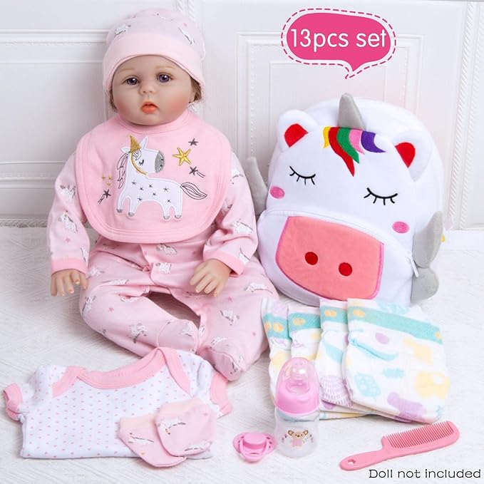 13 Pcs Reborn Baby Doll Clothes Pink Outfit Accessories for 17-22 Inches Babydolls Reborn Girl Doll Clothes Newborn Baby Accessories Set with Unicorn Backpack