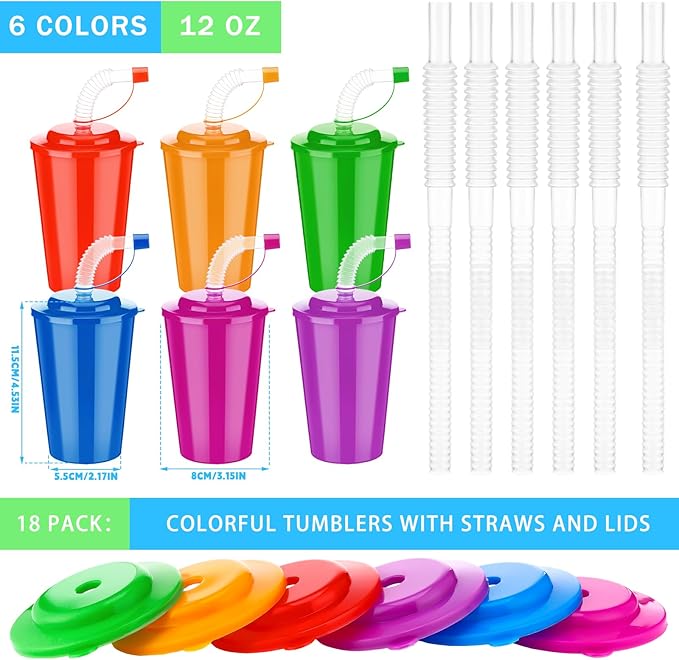Zubebe 18 Pcs Neon Straws Cups 12 oz Colorful Neon Cups with Sipper and Lids Plastic Favor Reusable Straw for Birthday Party Events Supplies, 6 Colors