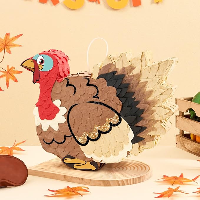 WERNNSAI Thanksgiving Turkey Piñata - Fall Autumn Decorations Wild Turkey Brown Piñata Thanksgiving Party Games for Family Fall Festival Decor Party Favors with Blindfold