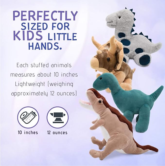 PASSIONFRUIT Plush Dinosaur Toys for Kids – 4-Pack Soft & Huggable 12-Inch Stuffed Animals – Graduation Gifts - Cute & Squeezable Dinosaurs for Boys & Girls