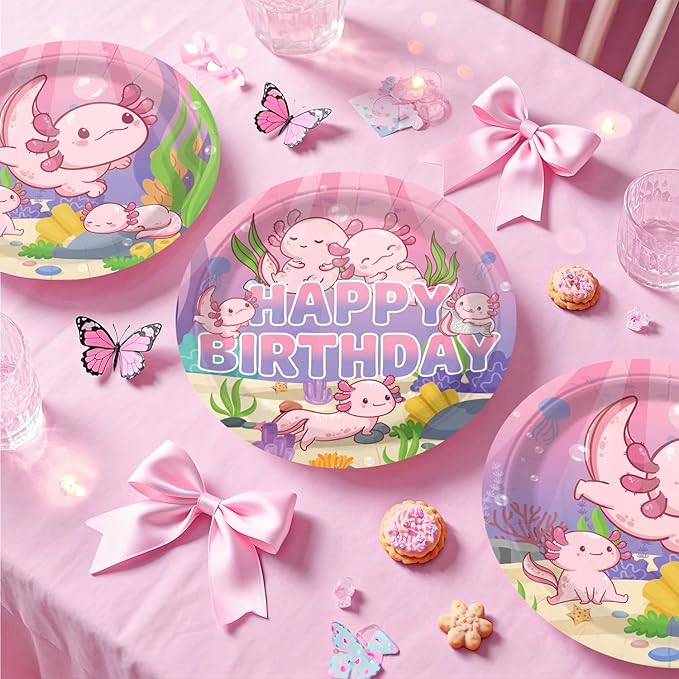 Axolotl Birthday Decorations Pink Axolotl Party Decorations Cake Cupcake Topper Balloons Banner Plates and Napkins Serve 50, Table Cloth Axolotl Party Supplies for Girls Cartoon Fun Animal Party