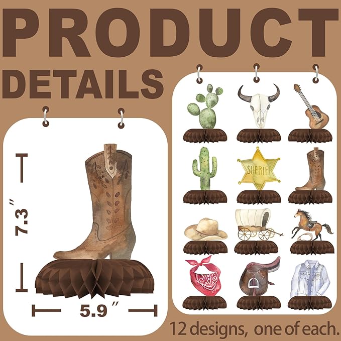 12 Pack Cowboy Table Decorations - Cowboy Party Decorations for Kids' Birthday and Themed Events - Cowboy Table Toppers
