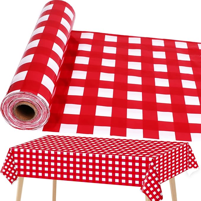 Red and White Checkered Tablecloth Roll 52 in x 100 Ft Red Checkered Picnic Party Supplies Camping Party Tablecloth for Indoor Outdoor Events Family Banquet Parties and Celebrations（Plastic ）