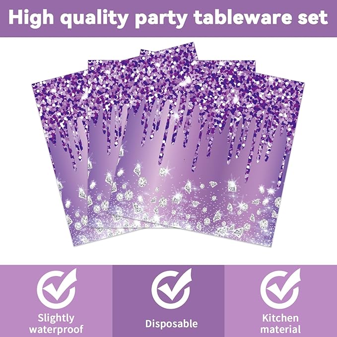 50 Pcs Purple Birthday Plates and Napkins Purple and Silver Happy Birthday Party Supplies for 25 Guests Table Decorations for Women Girl Birthday Decorations Paper Plates Napkins