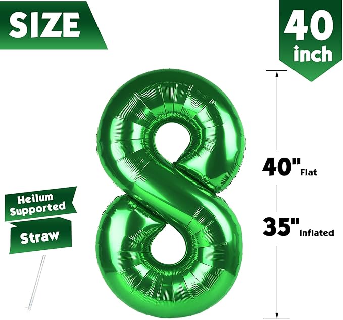 40 Inch Dark Green Number 8 Balloon, Giant 8 Number Balloons for 8th Birthday Decorations, Party Supplies for Baby Boy Girl, Dark Green Party Decor