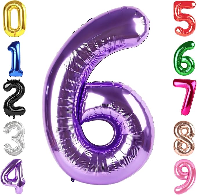 40 Inch Purple Number 6 Balloon, Giant 6 Number Balloons for 6th Birthday Decorations, Party Supplies for Baby Boy Girl, Purple Party Decor