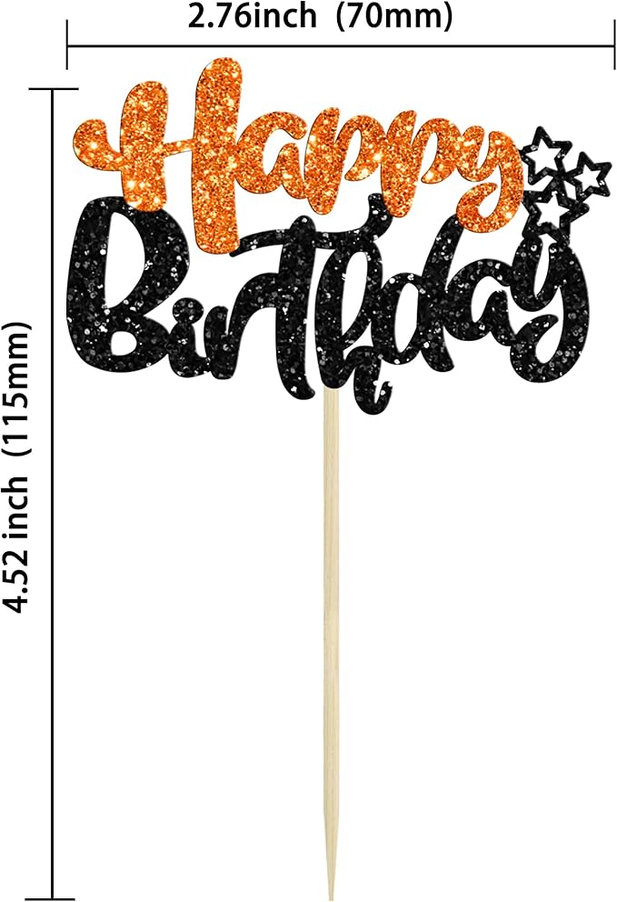 Ephlyn 24Pcs Happy Birthday Cupcake Toppers Double Layer Glitter Happy Birthday Cake Decorations for Halloween Baby Shower Theme Anniversary Party Cake Decorations Supplies Black Orange