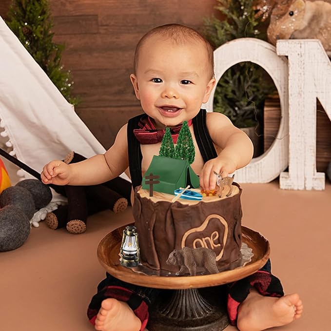 Hooqict 12 Pcs Camping Cake Decorations Set with Mini Tent, Campfire, Tree, Camp Sign, Safari Animals Camping Cake Toppers for Kids Adults Forest Themed Birthday Party Supplies