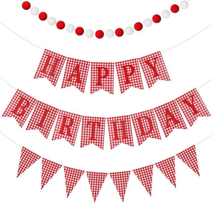 Set of 4 Red Gingham Happy Birthday Banner Plaid Checkered Pennant Banner Decorations Felt Ball Happy 1st Birthday Garland for Gingham Party Supplies