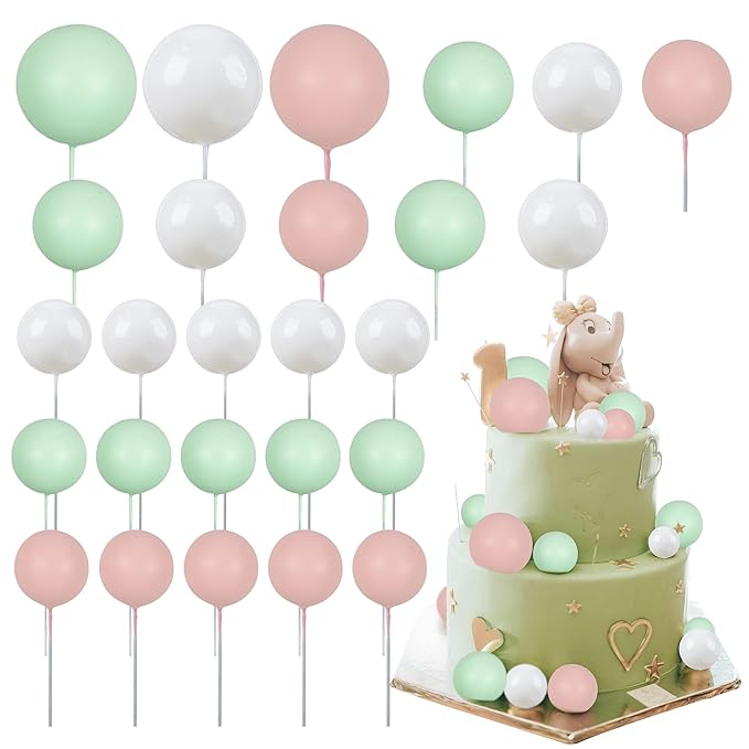 Gyufise 30Pcs Ball Cake Topper Decorations Mini Balloons Cake Topper Sticks Foam Balls Cake Picks Cake Topper Balls Cake Decorations for Wedding Party Birthday Cake Decorating White Green Pink