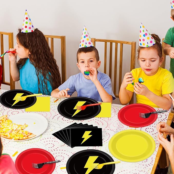 96PCS Red Black Yellow Birthday Party Decorations Cartoon Game Paper Plates Napkins Lightning Tableware Supplies Cartoon Animated Dinnerware for Birthday Table Party Favors