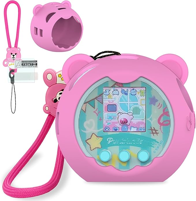 Silicone Cover Case for Punirunes Interactive Digital Toy Squishy Characters Pet, Screen Protector for Punirunes Virtual Electronic Pets Accessories(Silicone Case and Lanyard) (Pink)