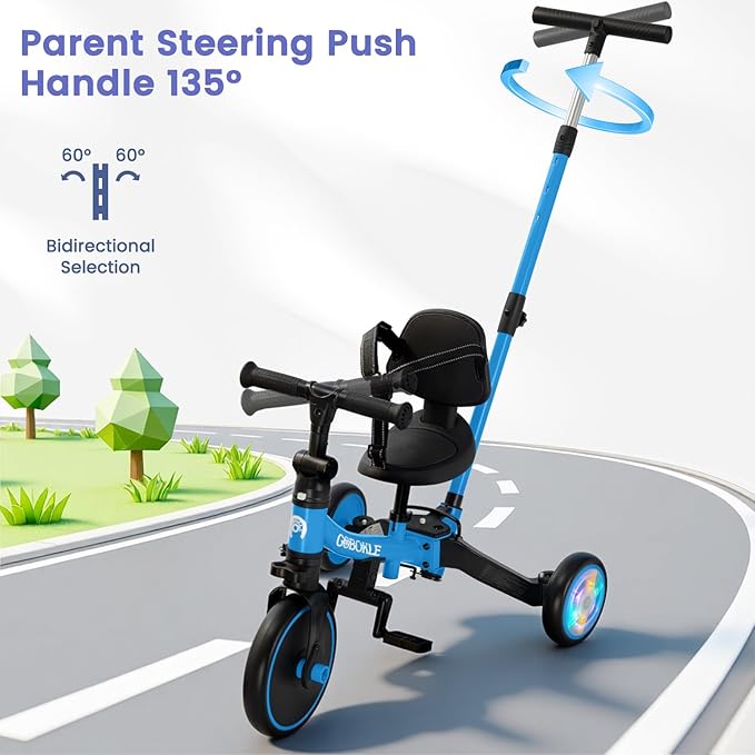 5-in-1 Tricycle for Toddlers 1-3, Convertible Toddler Bike with Push Handle & Removable Pedals, Balance Bike with Colorful Lighting Wheels, Adjustable Seat Height with Backrest(Blue)