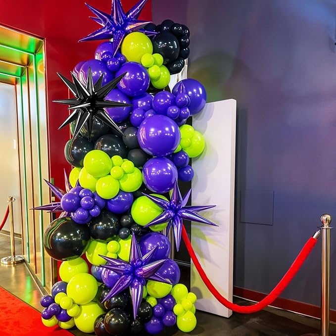 Purple Green Black Balloons, 12 Inch Fruit Green Dark Purple Black Balloons with Star Foil Balloon for Boys 2nd 3rd 4th Birthday Party Baby Shower Decorations
