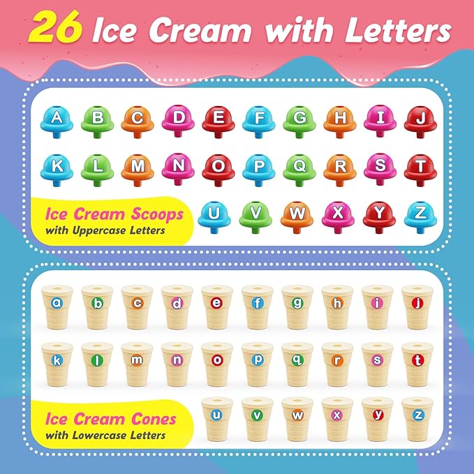Alphabet Learning Toys,Ice Cream Toys Play Set,ABC Learning for Toddlers Kids,Matching Letter Game,Color Sorting,Montessori Fine Motor Stacking Toys,Kindergarten Preschool Learning Activities