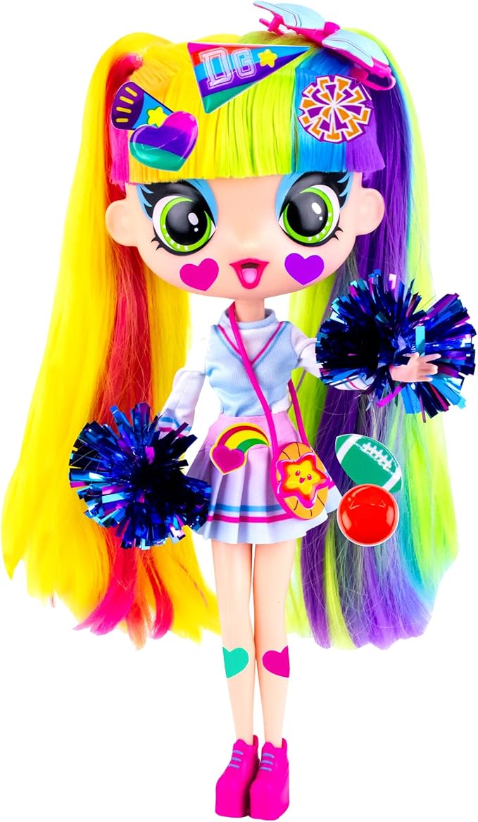 Decora Fashion Girlz Doll – Decora Cheerleader 11” Poseable Fashion Doll with Long Rainbow Hair, 50+ Surprises, Fabric Outfit, Removable Stickers, Accessories & Doll Stand, Collectible for Girls 4–9