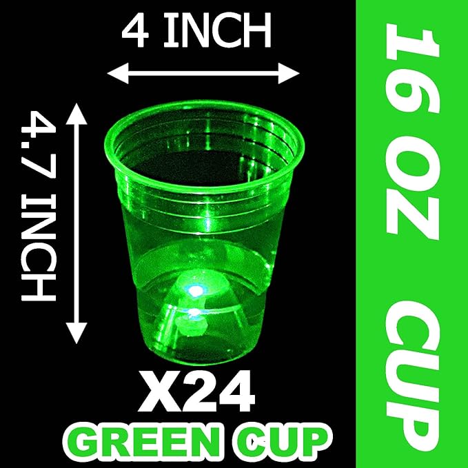 mishunyus 24 Pack Green Glow Cups, 16 oz Strong & Sturdy Disposable Plastic Cups for St Patrick Day Decoration, Green Theme Birthdays Party, Night Event Fun, BBQ, Beach, Holidays