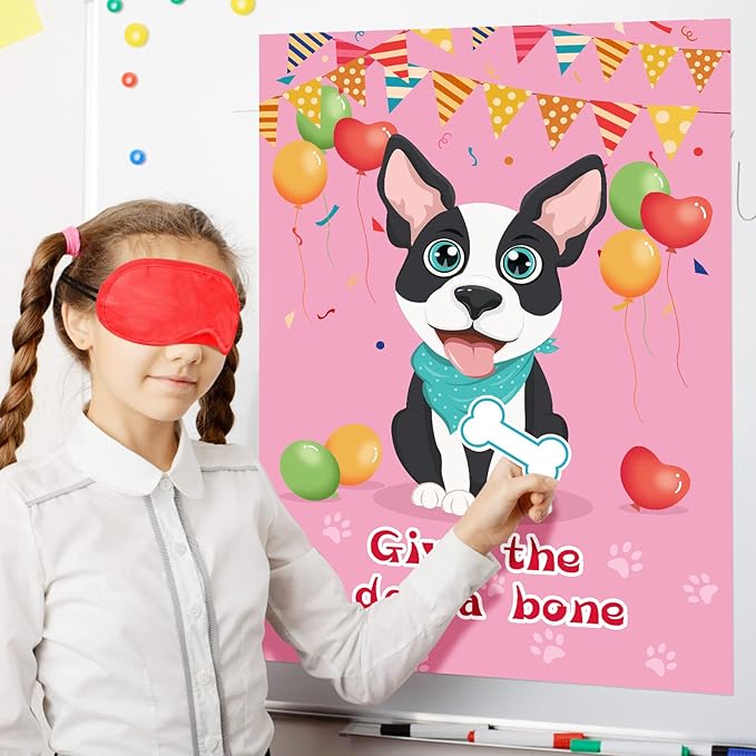 Hooqict Pin The Bone on The Dog Party Game for Kids Birthday Party Games Dog Themed Birthday Supplies Puppy Party Favors for Boys Girls, Large Pin The Tail Poster with 48 Bone Stickers