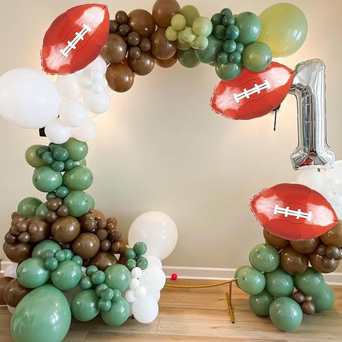 Football Balloon Arch Kit,Sage Green White Coffee Balloons with Football Foil Balloon for Boy First Year Birthday Sport Party Decorations Baby Shower Graduation Sport Themed Party Supplies