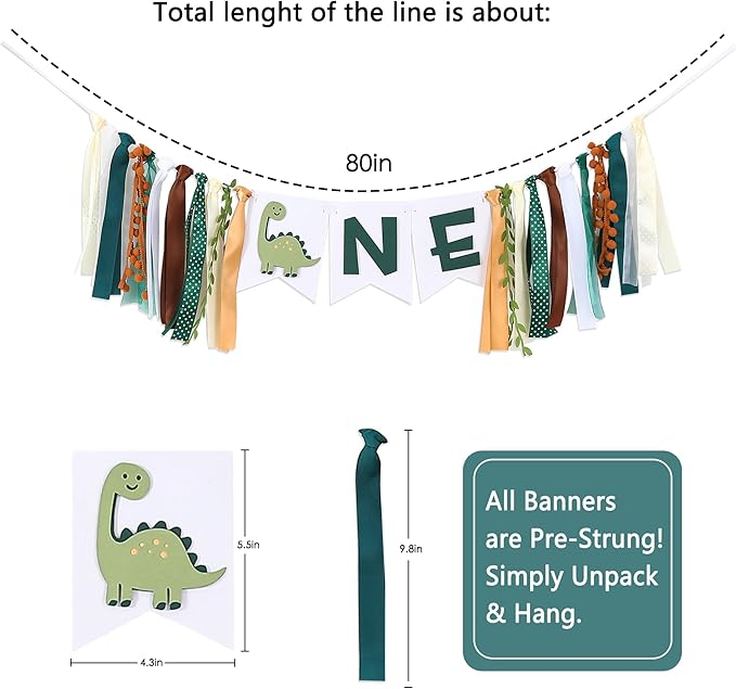 Dinosaur 1st Birthday High Chair Banner - Baby Boy First Highchair Banner for Party Supplies, Dinosaur Themed One High Chair Garland Birthday Party Decorations, Cake Smash Photo Props