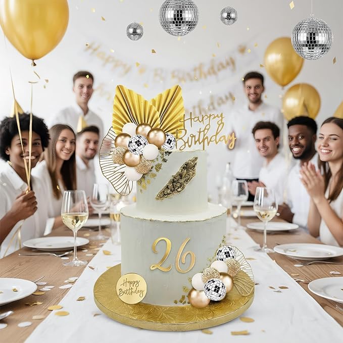 36Pcs White Gold Balls Cake Topper Decorations with Disco Balls Palm Ginkgo Leaves Acrylic Numbers 0-9 and Happy Birthday Cake Toppers for White Gold Theme Wedding Baby Shower Birthday Party Supplies