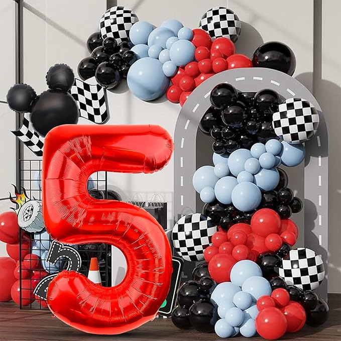 40 Inch Mouse Number 5 Balloon Mini Mouse Head Balloon, Black Red Number 5 Balloon, Mouse Clubhouse Birthday Balloon for 5th Birthday Party Baby Shower Anniversary Supplies