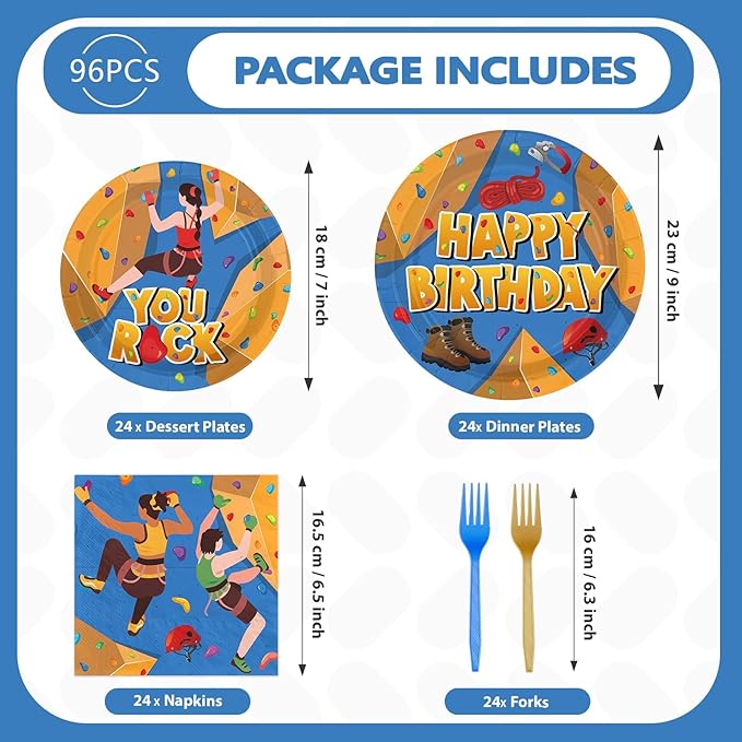 96 Pcs Rock Climbing Plates and Napkins Climbing Birthday Party Supplies Adventurer Climber Sport Tableware Set for Kids Adults Sports Theme Birthday Party Supplies, Serves 24