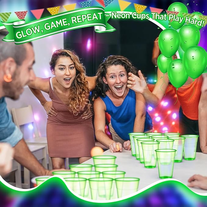 LemonRoad 50 Pack Blacklight Party Glow Cups 16 oz Plastic Neon Cups Disposable Glow in the Dark for Parties Birthdays 80s Themed Events (Green)