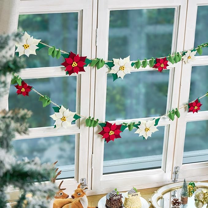 PAPER JAZZ Christmas Poinsettia Garland with White Red Artificial Flowers,11.4ft Velvet Artificial Poinsettia Garland,Christmas Decorations with Holly Leaves for Fireplace Door Wall Window Tree Yard.