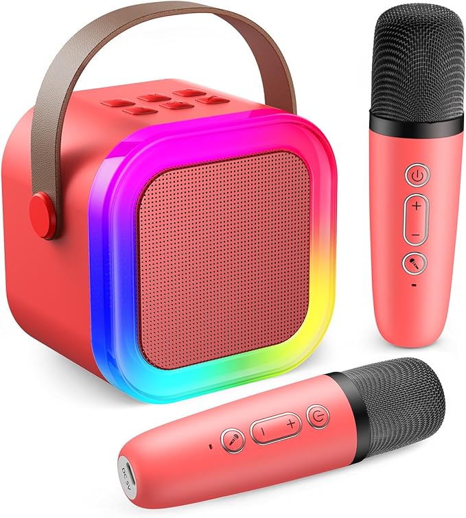 Fede Karaoke Machine for Kids Adults, Mini Karaoke Machine with 2 Wireless Microphones, Portable Bluetooth Speaker with Voice Changing Effects & LED Lights, Best Gifts Toys for Girls and Boys