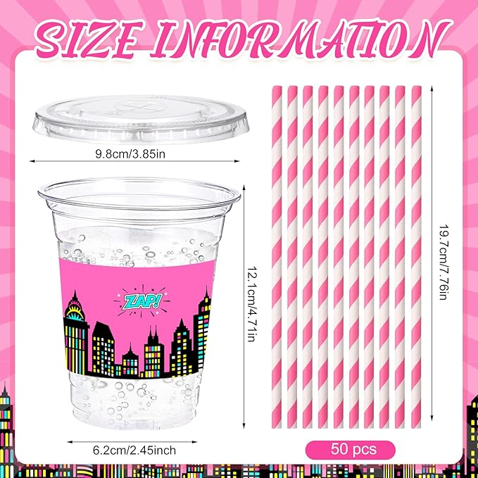 Yungyan 50 Sets Pink Hero Theme Party Plastic Cups with Lids and Straws 16 oz Coffee Juice Drinking Cups for Birthday Baby Shower Party Supplies