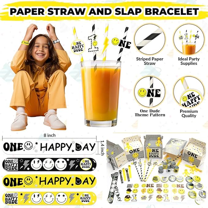 84 Pcs One Happy Dude Birthday Party Favor, 12 Set of Smile Face Theme Gift Box Straw Bubble Stickers Smile Badge Pin for First Birthday Party Supply