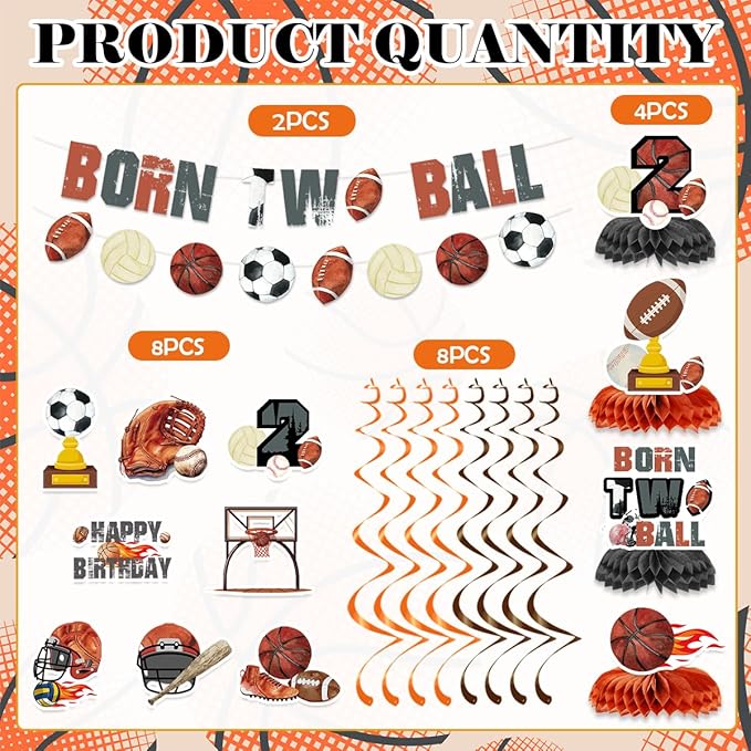 Born 2 Ball Birthday Decorations Include Born Two Ball Banners Hanging Swirls Honeycomb Centerpiece Ball 2nd Birthday Sports Theme Party Supplies for Boys