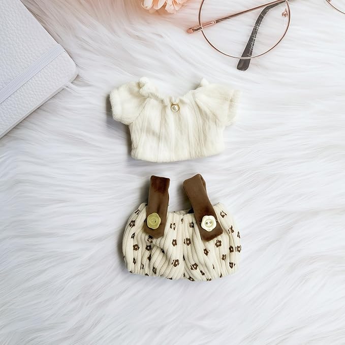 Clothes for Lu bubu 17cm Dolls Accessories(No Doll), Cute Outfit Set 2 Pieces Bib Pants for 17cm Doll Suit, Stylish Dress Up Overalls Doll Clothing Set Replacement Beige