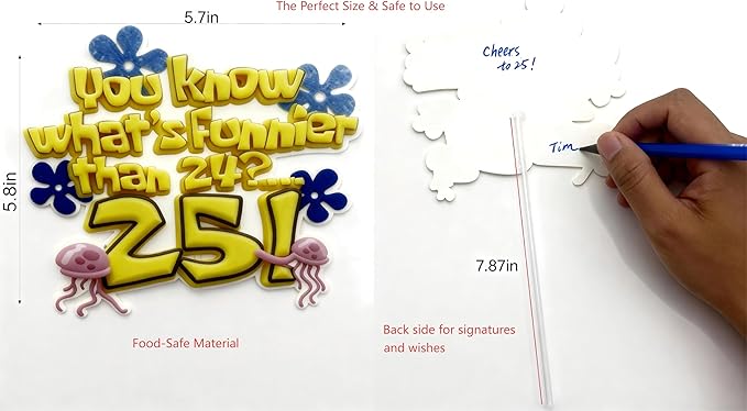 "What's Funnier Than 24? 25!" Cake Topper for 25th Birthday, Cartoon Character Themed Cake Decorations, Novelty 25th Bday Party Supplies for Men Women, Under The Sea Theme