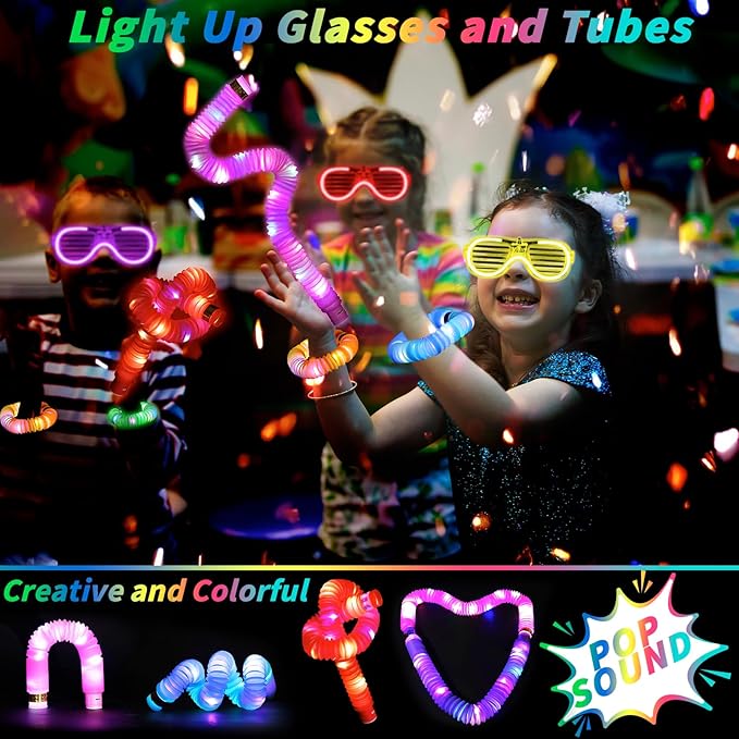60 Pcs Glow in the Dark Party Supplies 30 LED Light Up Glasses 30 Glow Sticks LED Party Favors Light Up Pop Tubes Flash Glasses LED Bracelet Necklace for Birthday Wedding Goodie Bag
